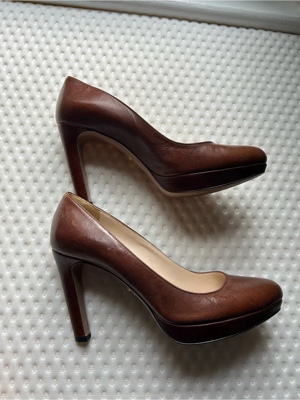PRADA Brown Leather Platform Round Toe Logo Slip On Pumps EU 38 US 8